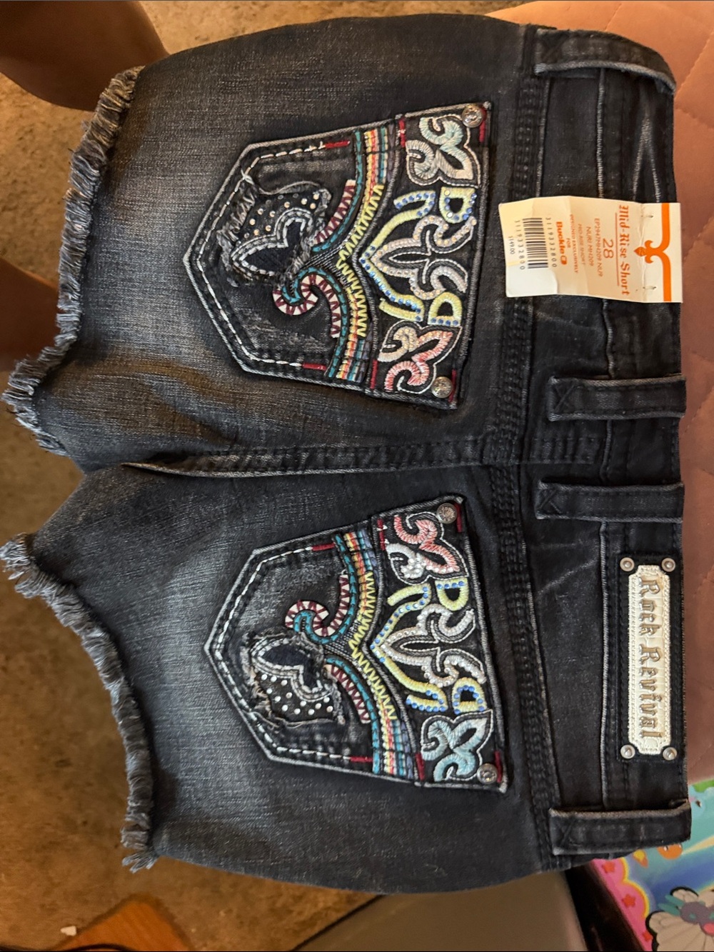 Rock Revival Black Denim Shorts with Multicolor Embroidered Pockets